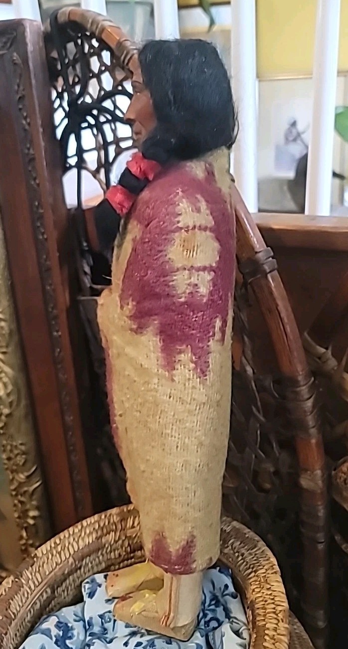 Antique Skookum Doll Early Paint Face Wool Straw Stuffed Mohair Wood Legs 15 1/2