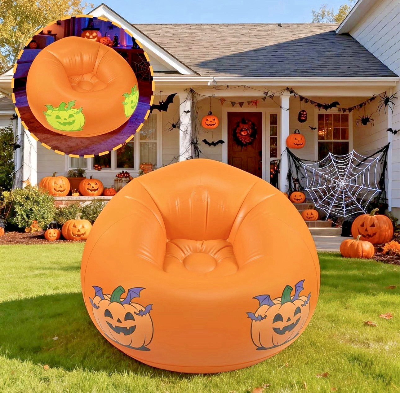 Inflatable Bean Bag Chair Sofa for with Pumpkin Pattern Glow in The Dark, Blo...