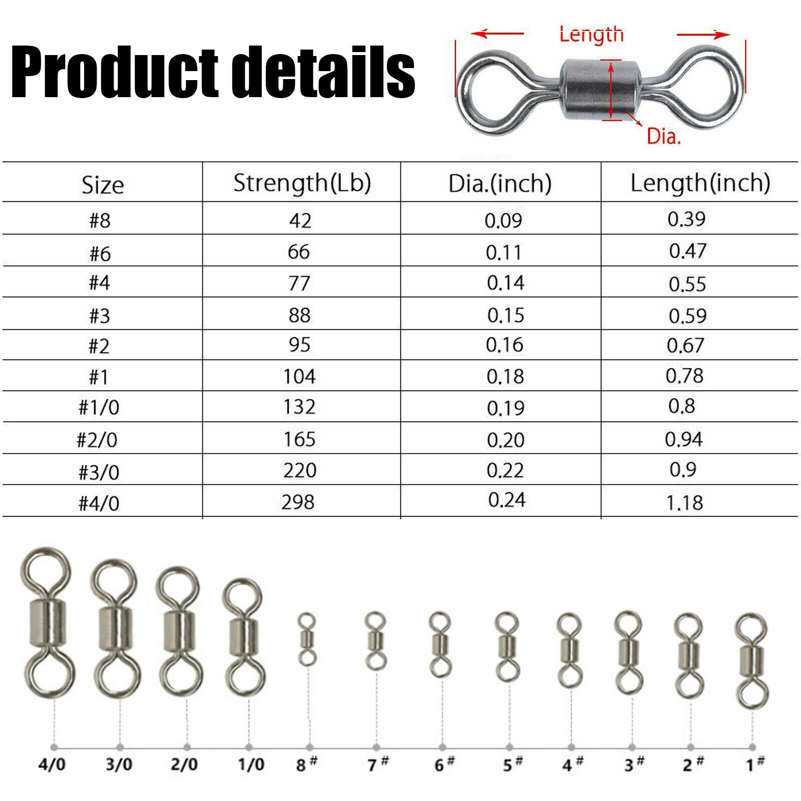 100/50x Rolling Barrel Swivel 42-330lb Fishing Swivels Solid Ring #1-#8,1/0-6/0