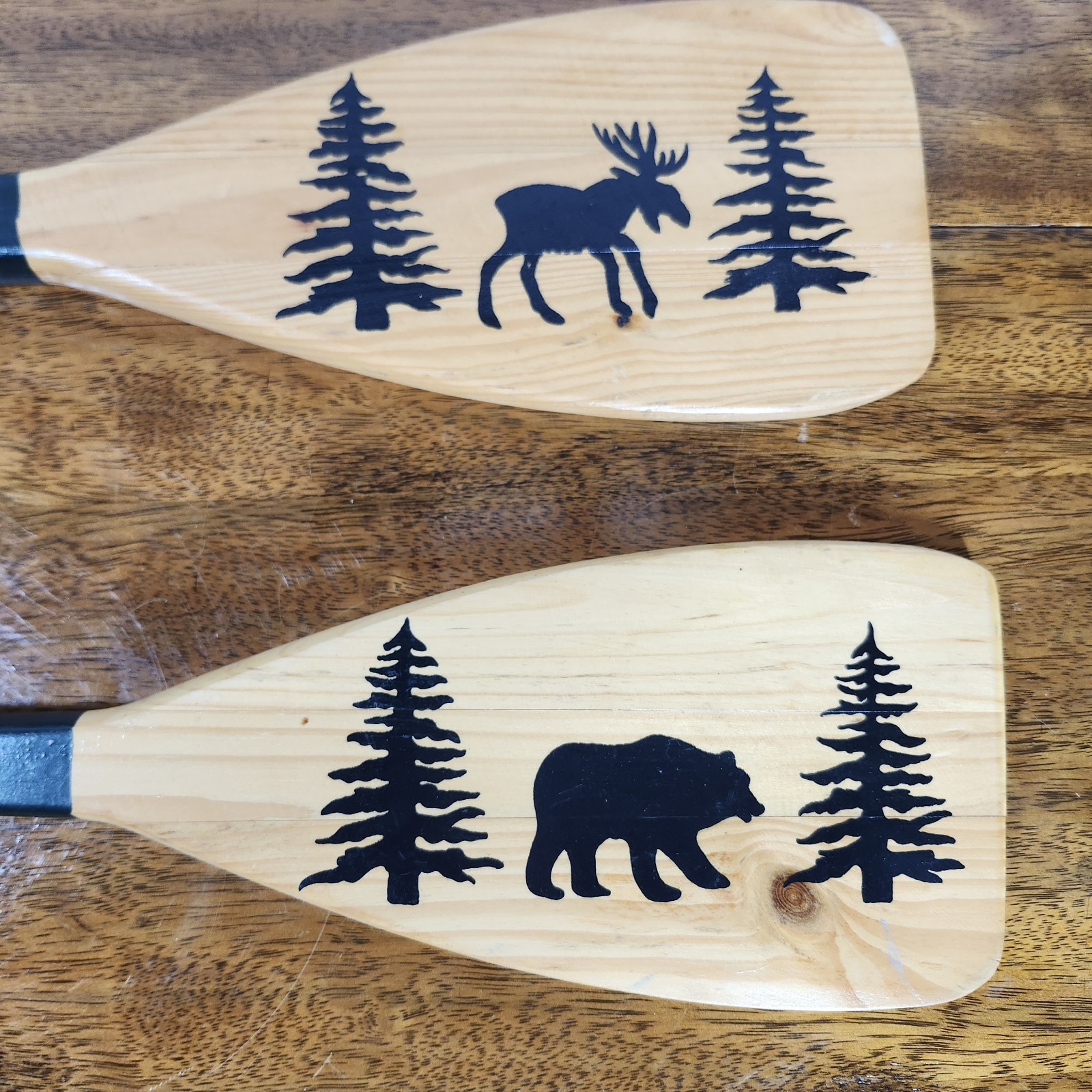 Pair of Canoe Paddles with Moose and Tree Design, Decorative Wooden Outdoor Gear