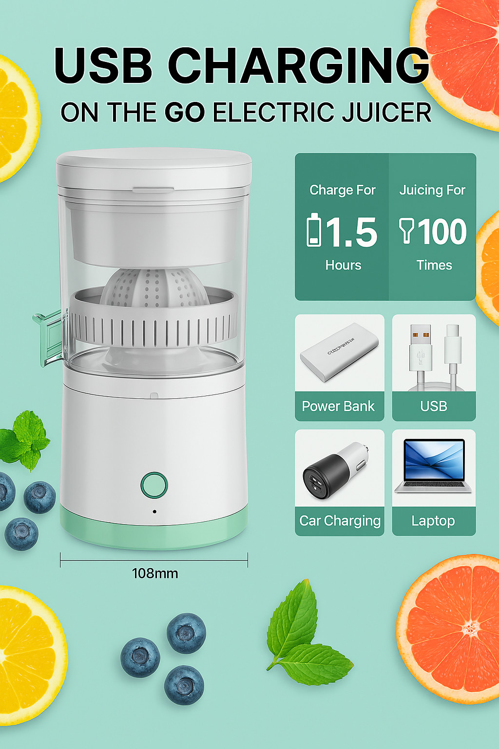 Electric Citrus Juicer Rechargeable Hands-Free Masticating Orange Lemon Squeezer