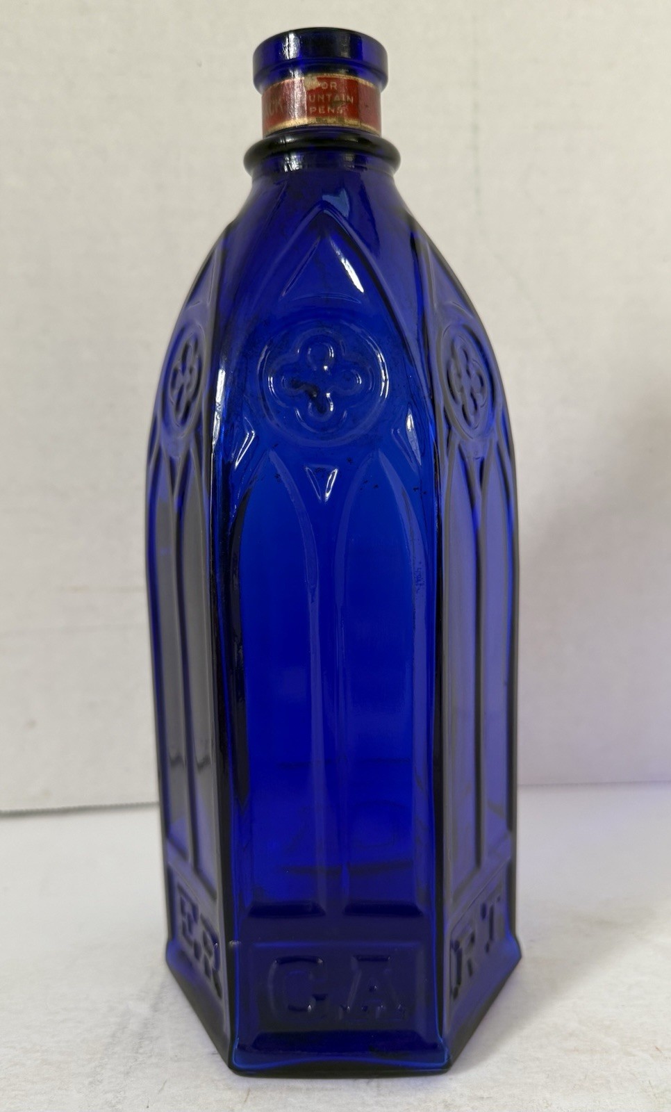 Vintage Cathedral Style Blue Glass Carter's Ink Bottle/Jar with label & Stopper