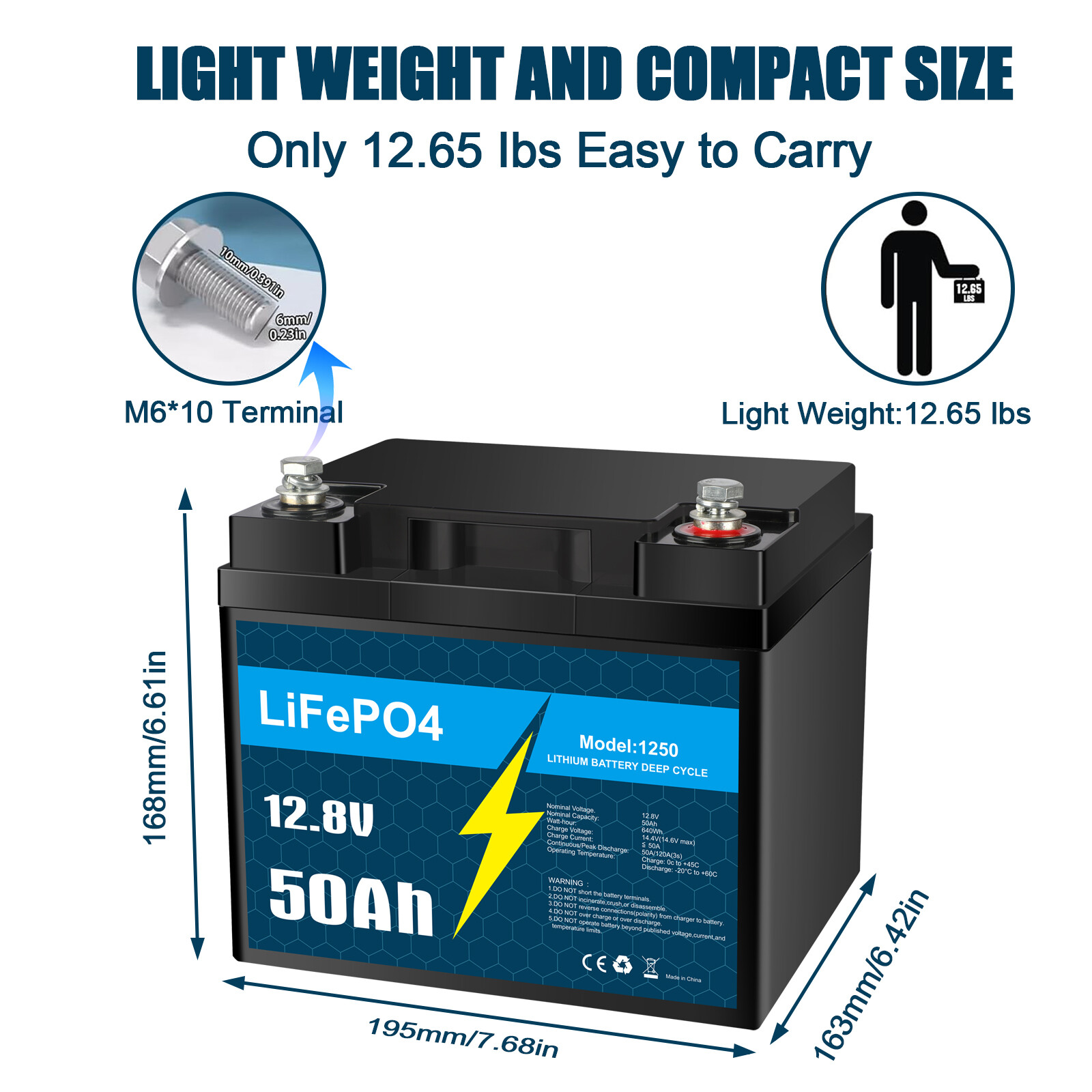 12V 50Ah LiFePO4 Lithium Battery with Charger, Smart BMS, for RV, Marine Lot