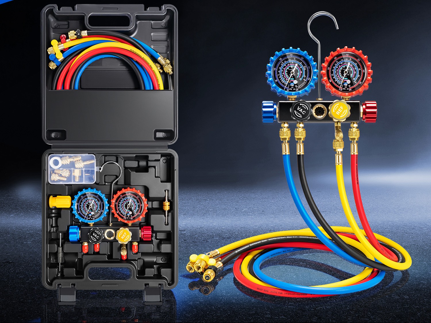 4 Valve HVAC Manifold Gauge Set R410A R454B R32 R22 AC Gauges w/ 5ft Hoses Kit