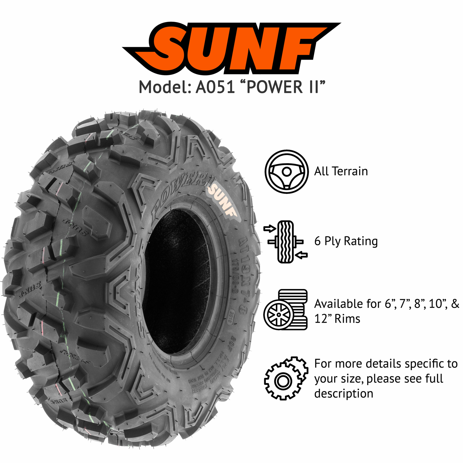 SunF 19x7-8 ATV UTV 19x7x8 All Terrain Tires 6 PR A051 - Pair of 2 POWER II