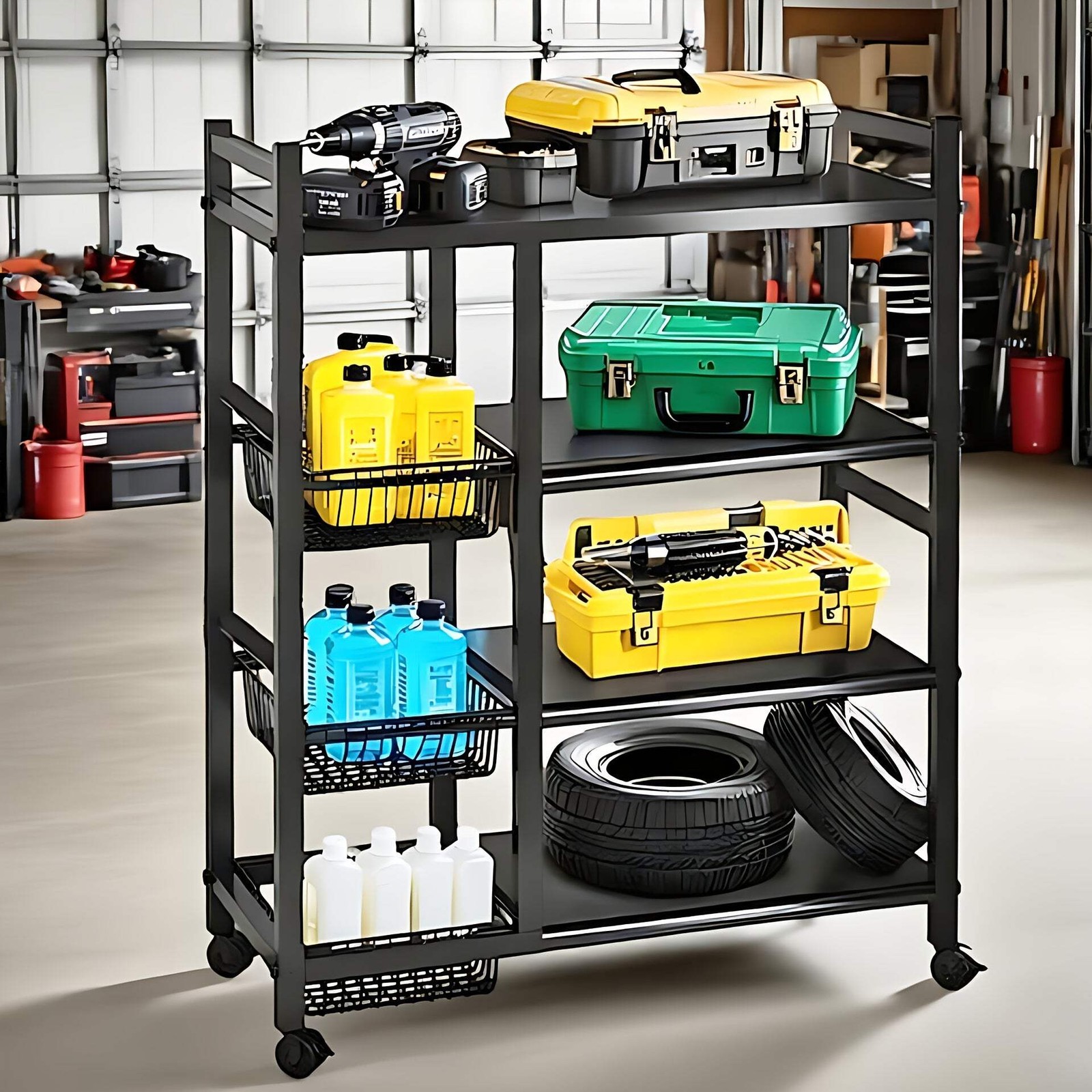 4-Tier Rolling Storage Rack with Baskets, Metal Utility Shelf on Wheels, Kitchen