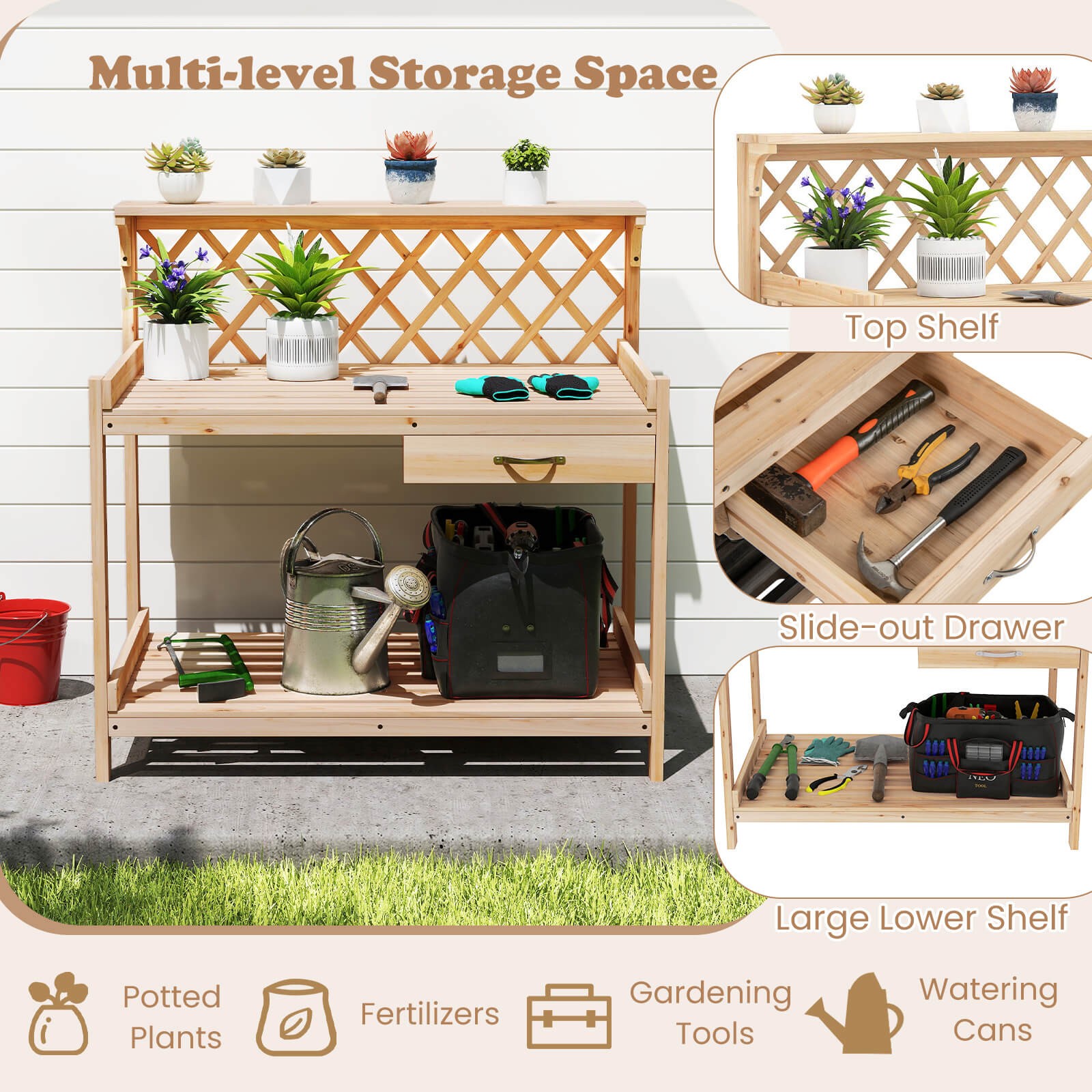 Garden Potting Bench Table w/Lattice Trellis Removable Drawer Top & Lower Shelf
