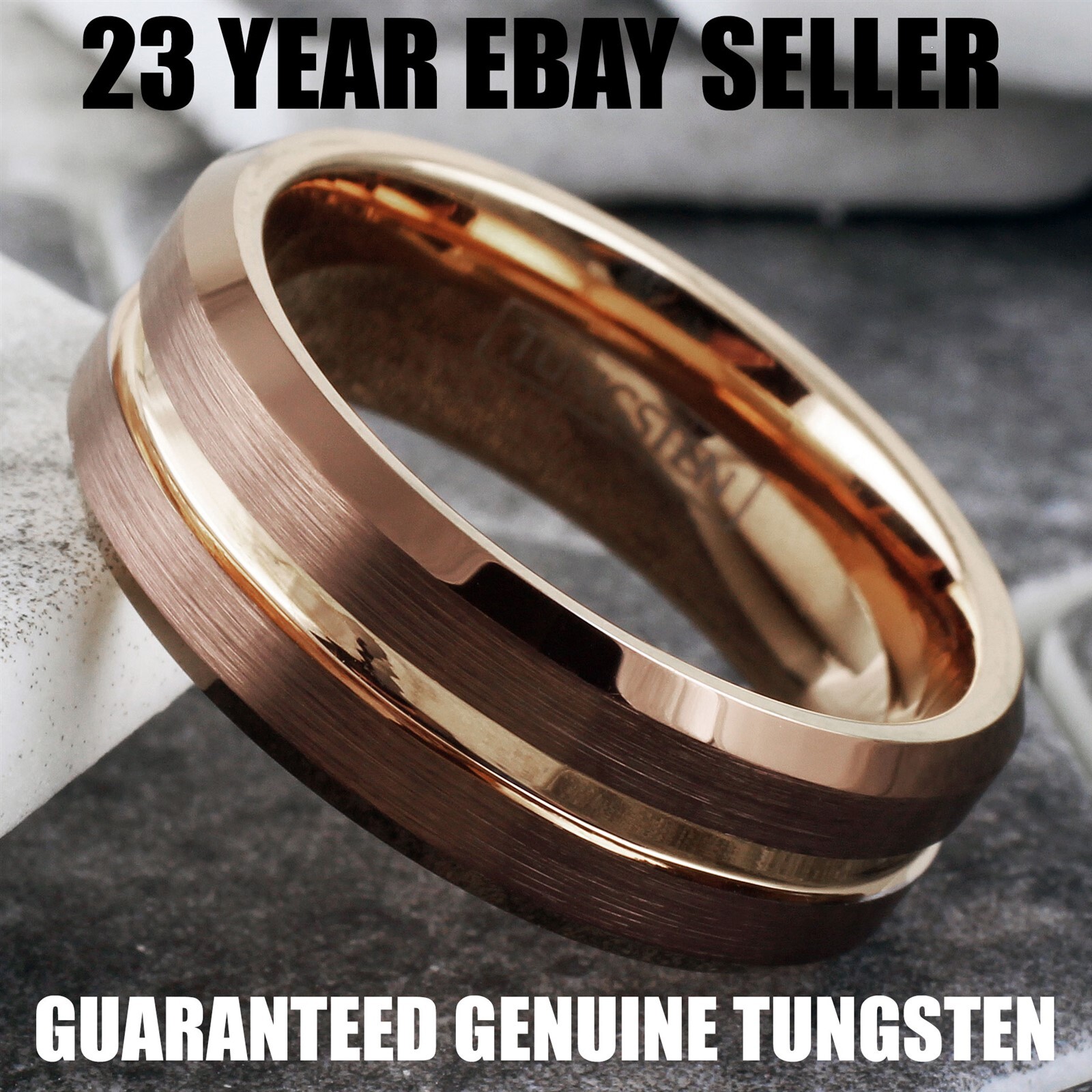 Bronze-Brown Tungsten Carbide Men's Ring Rose Gold Plated Stripe Wedding Band