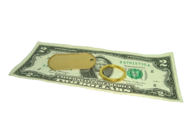 BRASS Military Style Rolled Edge Dog Tag Yellow Brass Finish 1"in. GOLD keyring