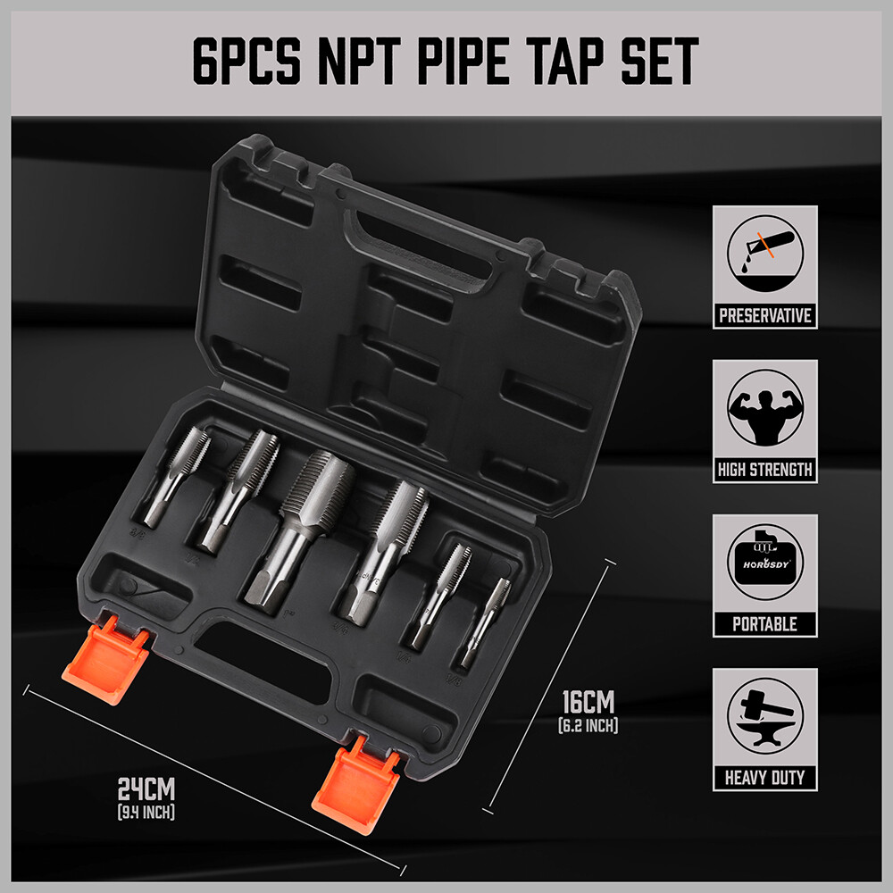 6PC NPT Pipe Tap Set 1/8" 1/4" 3/8" 1/2" 3/4" and 1" With Case Carbon Steel Inch