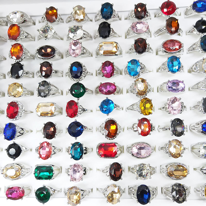 100Pcs Wholesale Colorful Crystal Mixed Rings Bulk Finger Band Ring Jewelry Lot