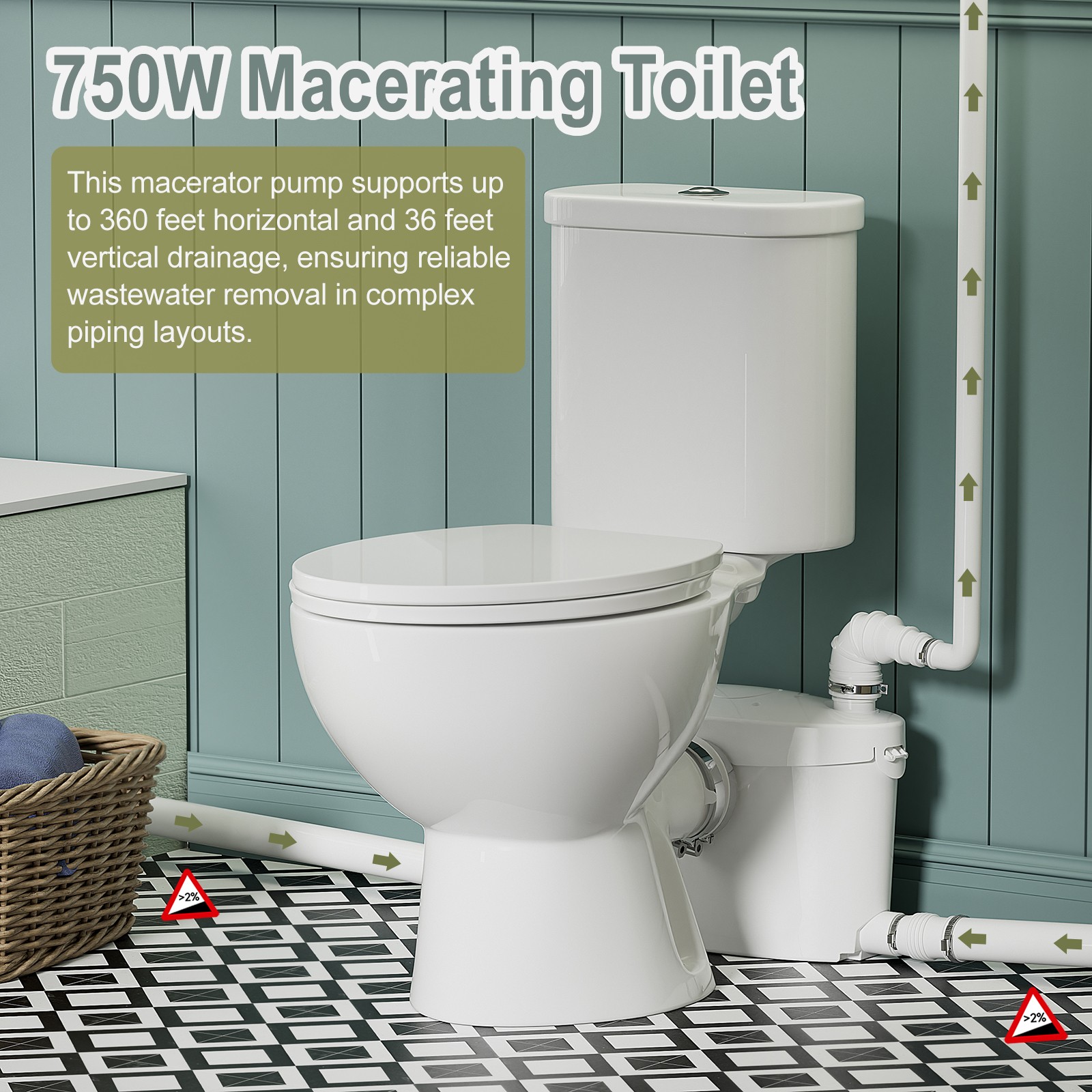 750W Macerating Toilet System Upflush Toilet with Pump 4 Inlets for Basement