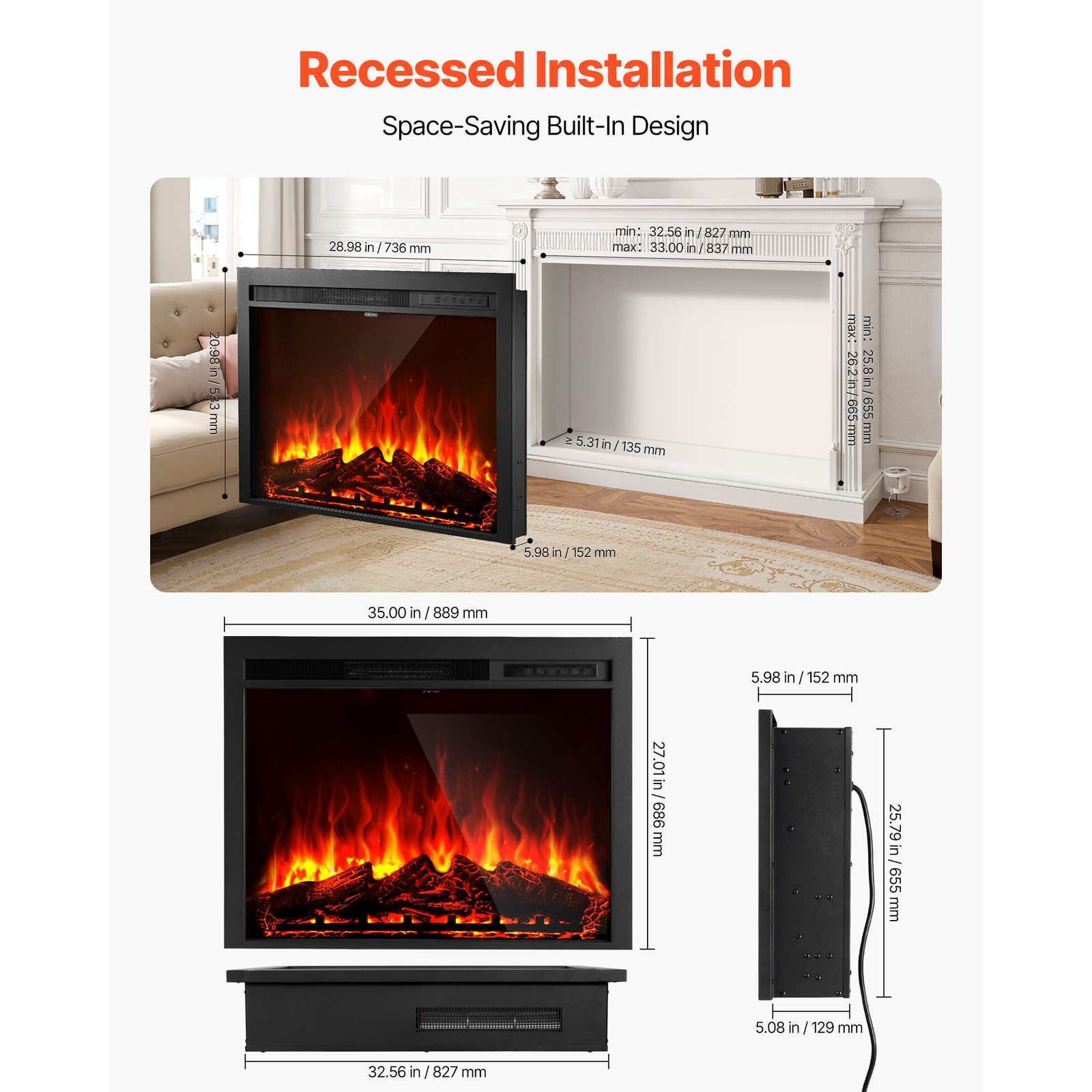 Uimoso 35in Electric Fireplace Insert Wall Mount & Remote Control, 750W/1500W