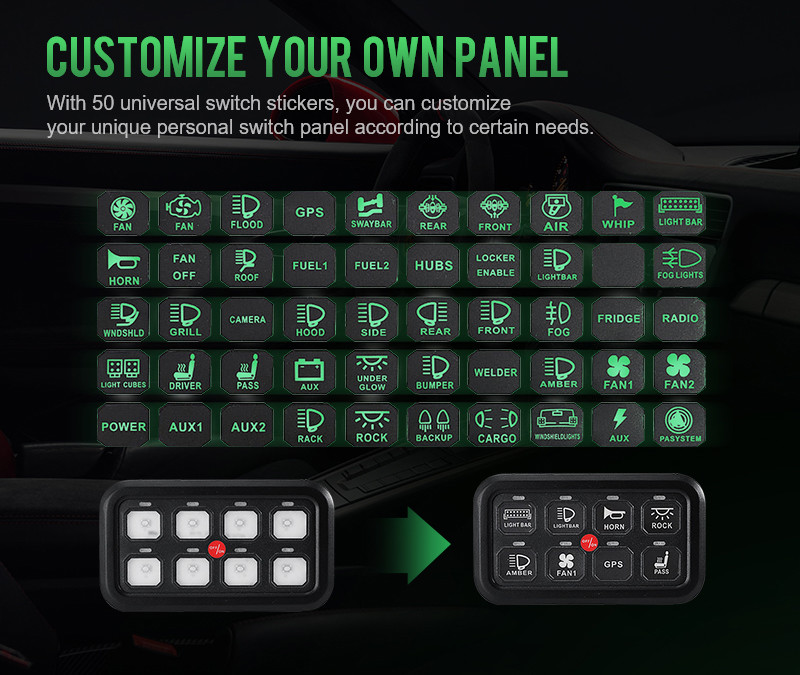 Auxbeam 8 Gang Switch Panel Automatic Dimmable Green LED On-Off Car Truck ATV