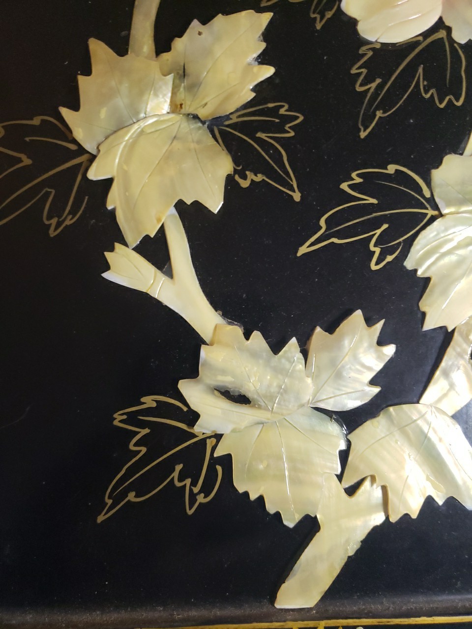 Vintage MCM 4-Panel Mother of Pearl/Black Lacquer Asian Art Wall Panels 36"x12"