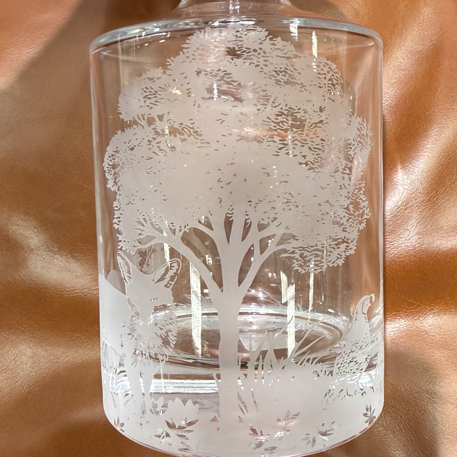 POTTERY BARN Fantastical Forest Glass Decanter 4.5" X 10" ~ BEAR, FOX, QUAIL