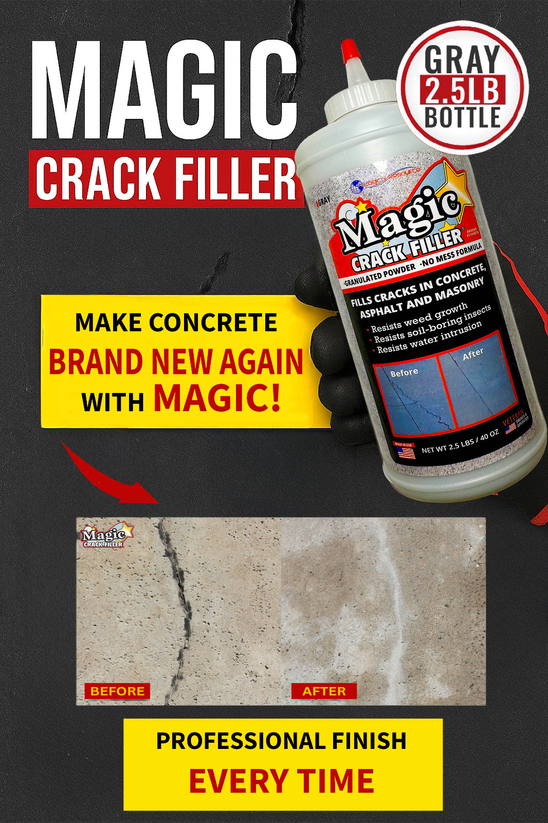 Gray Concrete Magic Crack Filler 2.5LB Bottle, Fill Cracks in Concrete Easily