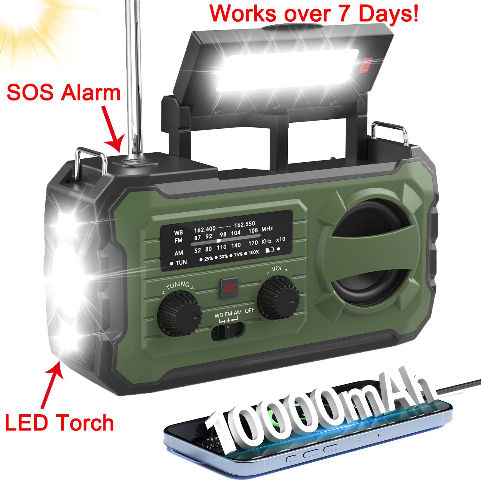 Emergency Solar Hand Crank Weather Radio 100000mAh Power Bank Charger FlashLight