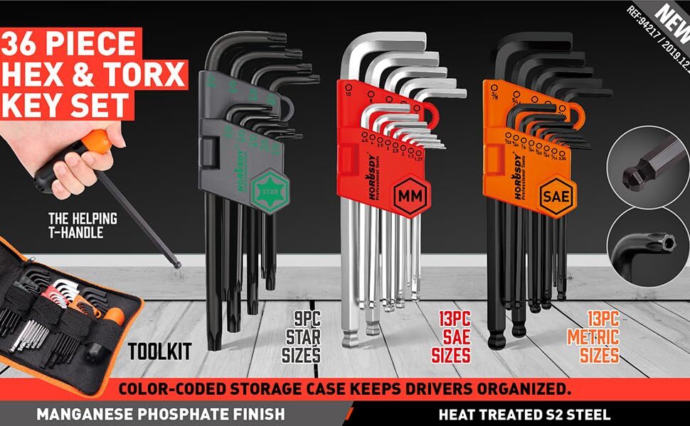 36 PC Long Arm Ball End Hex Key Allen Wrench Set Inch Metric Star With Bag Gift