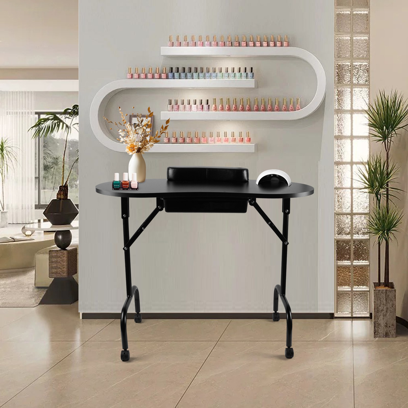 Black Portable Manicure Table Folding Nail Desk Beauty Salon Spa w/Wheels & Bag