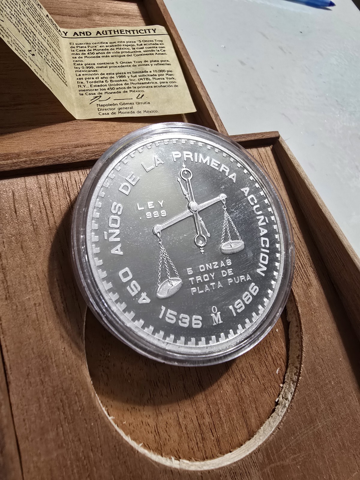 1986 Casa De Moneda De México 450th Anniversary Box And Coa! 10k Mintage 5 Oz Ag