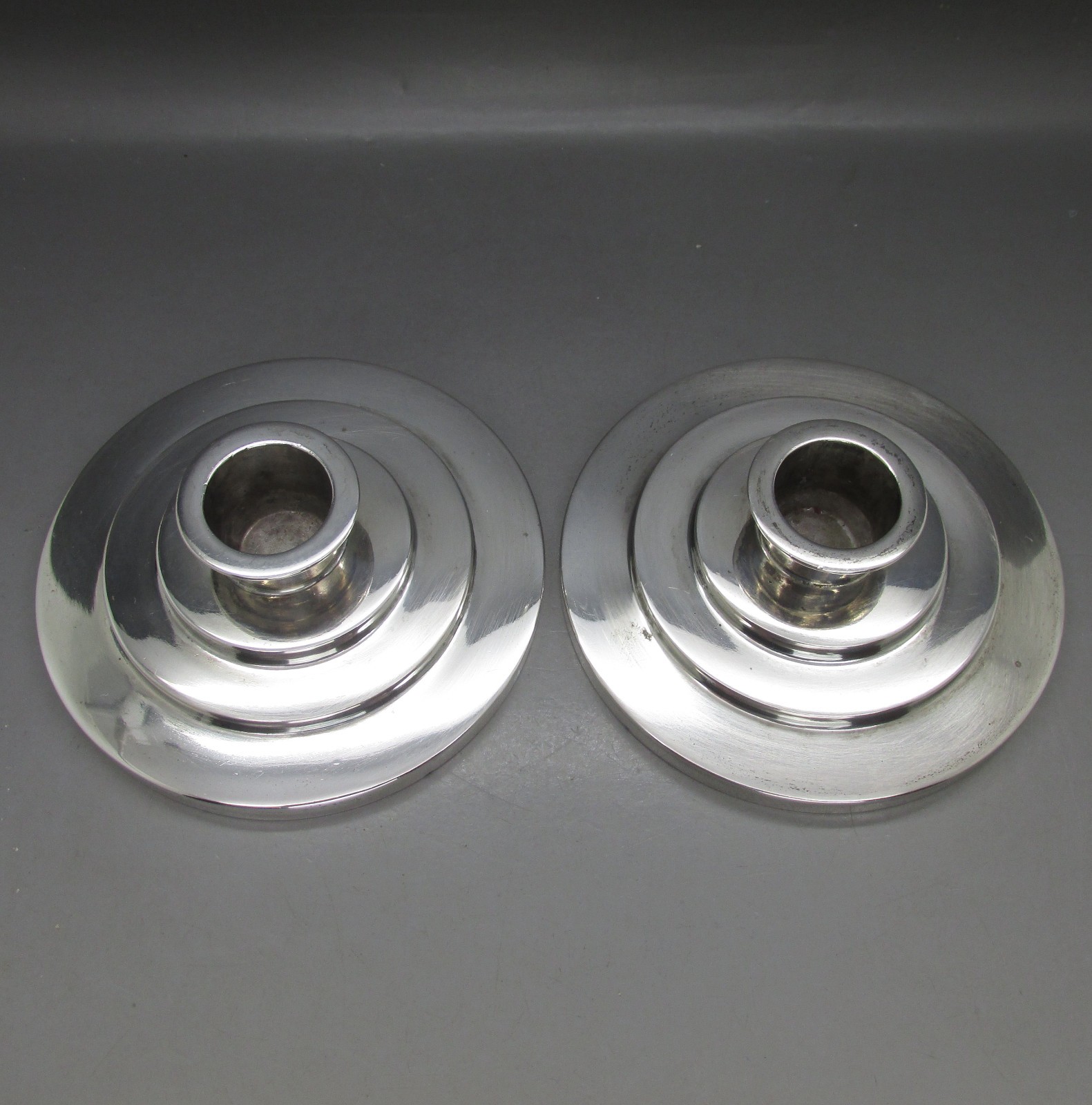 ART DECO SUPERB PAIR SOLID SILVER INTERIOR DESIGN CANDLESTICKS 312g DENMARK 1935