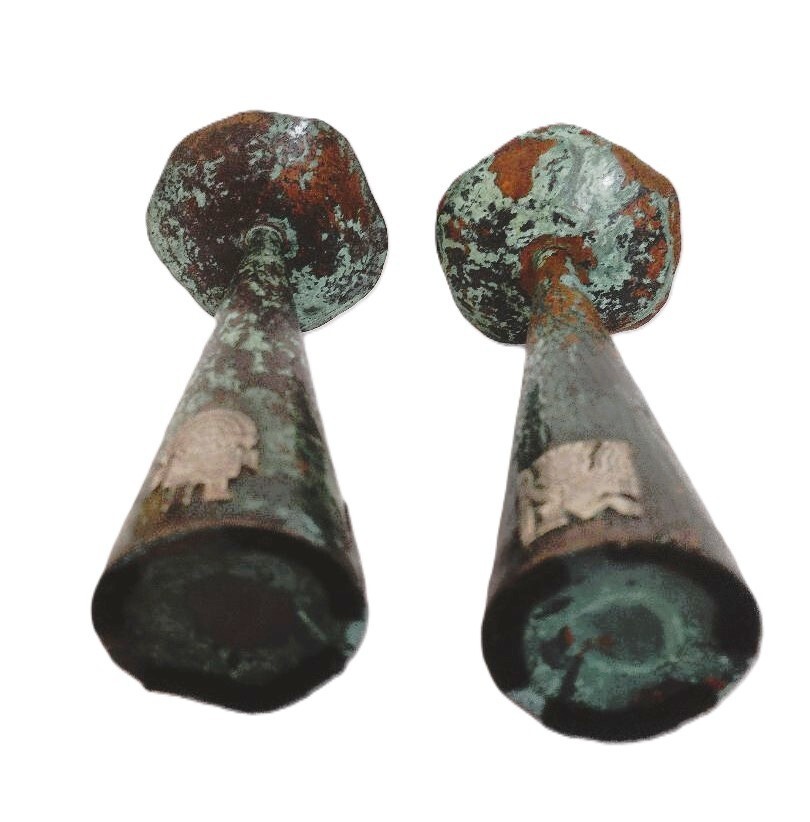1960’s Peru Copper 7" Candle Holder Pair Inlaid Silver Incan Motif Deities Llama