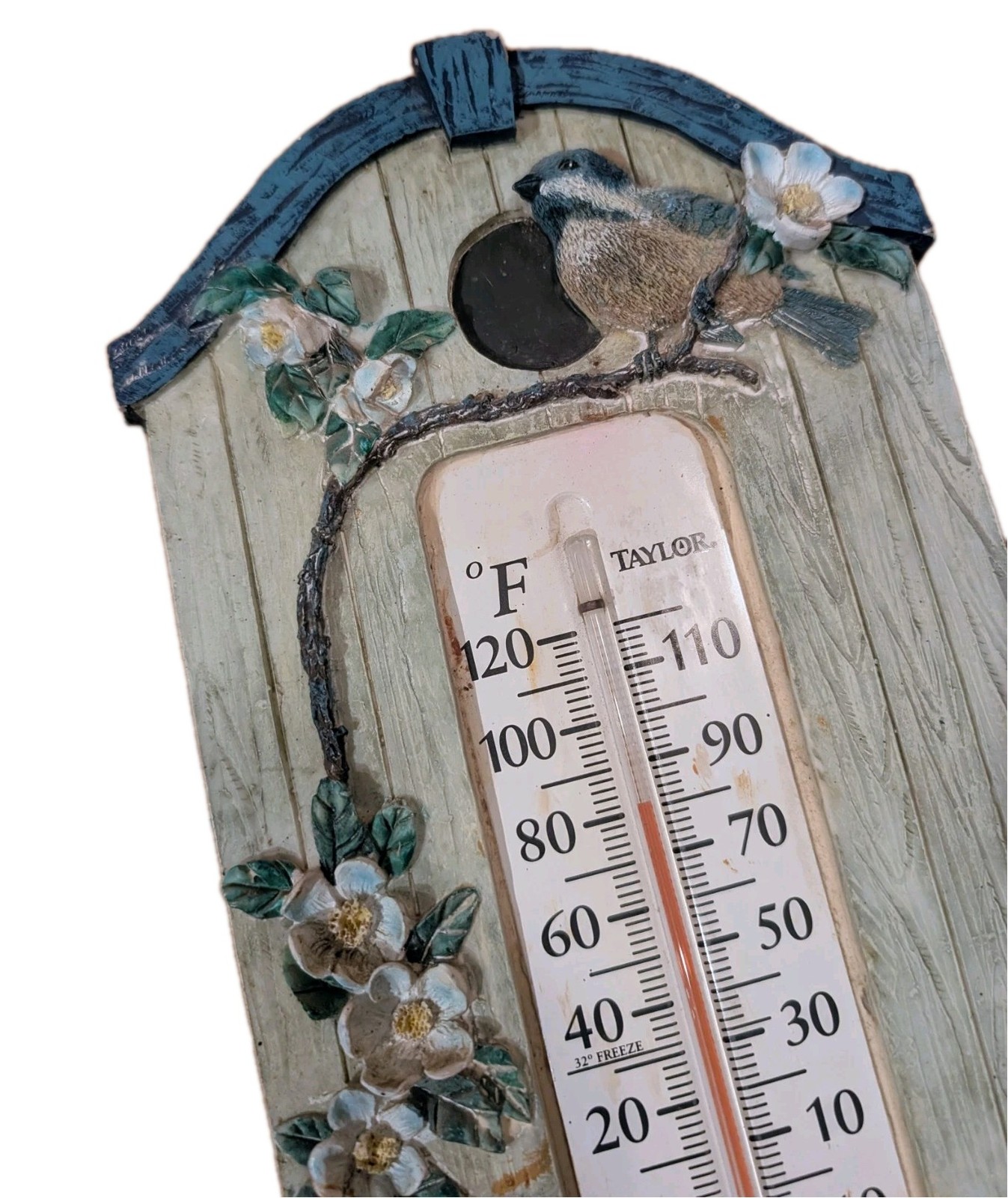 Taylor 14.5" Resin Blue Bird & Birdhouse Floral Garden Wall Hanging Thermometer