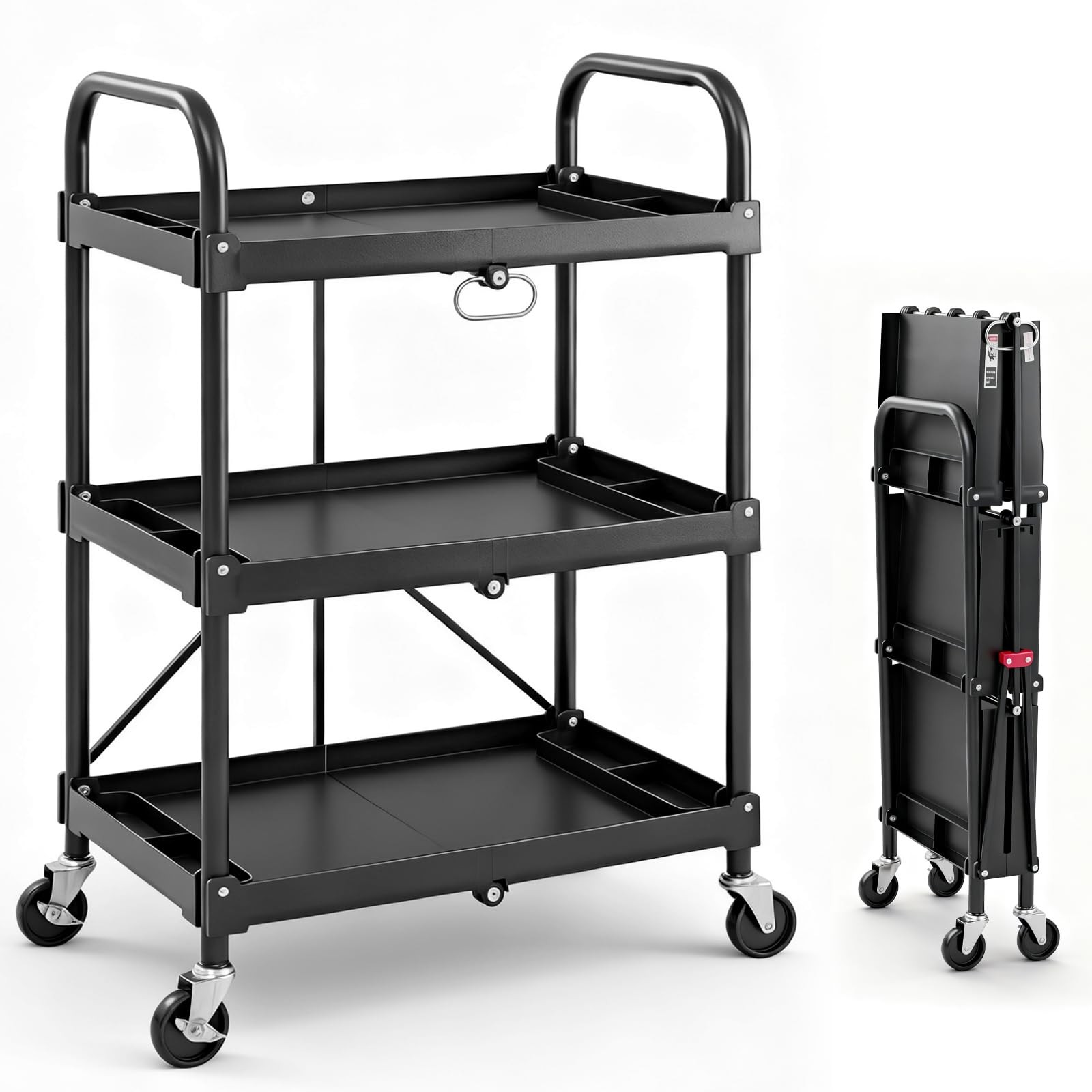 3-Tier Folding Utility Cart, Collapsible Service Cart with 4 Swivel Wheels & ...
