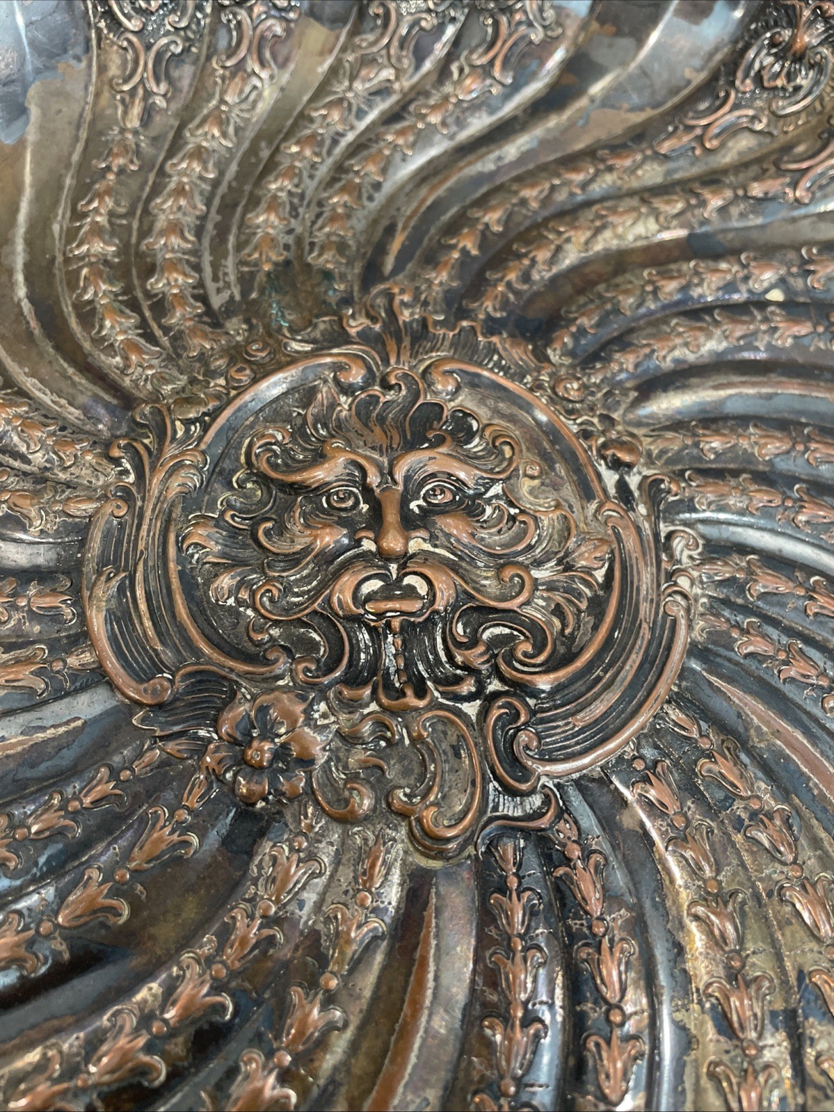 Antique German Silver Rococo Baroque Renaissance Green Man Face Charger Tray