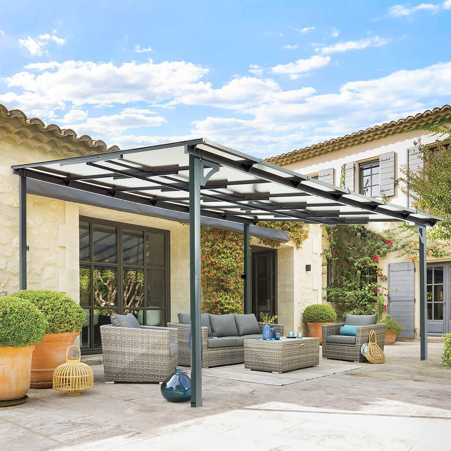 Patio Metal Pergola Gazebo Wall-Mounted Shelter Rectangle SunShade W/ Hard Top