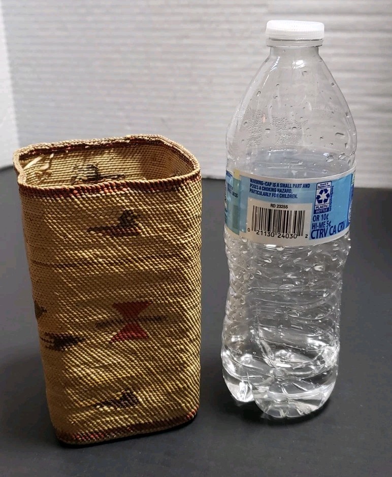 Vtg PNW Makah Native American Square Basket Animal Motif Whale Bird 3x5.5"