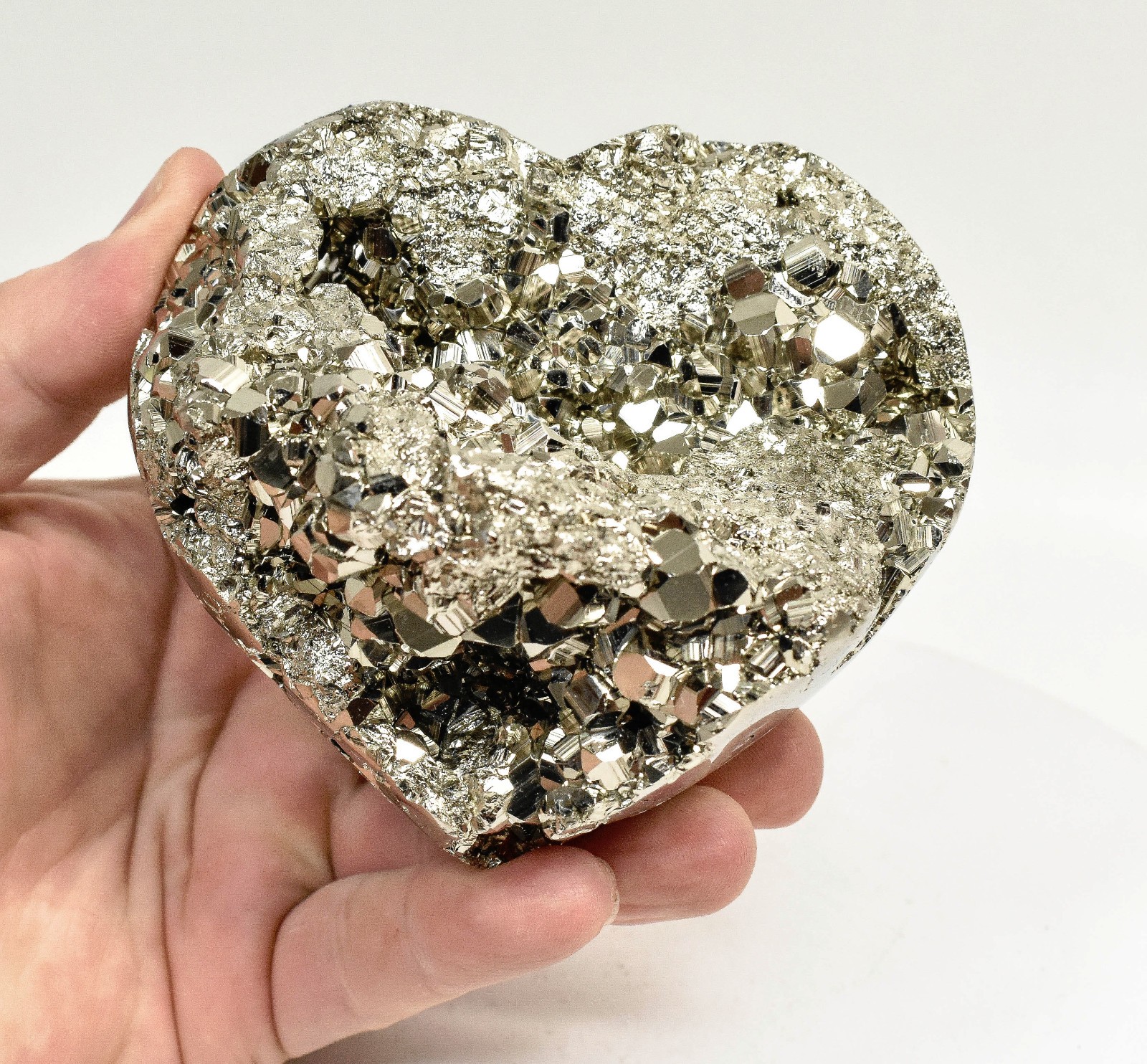4.01" Polished PYRITE CRYSTAL HEART Carving Huanzala mine, Peru T709