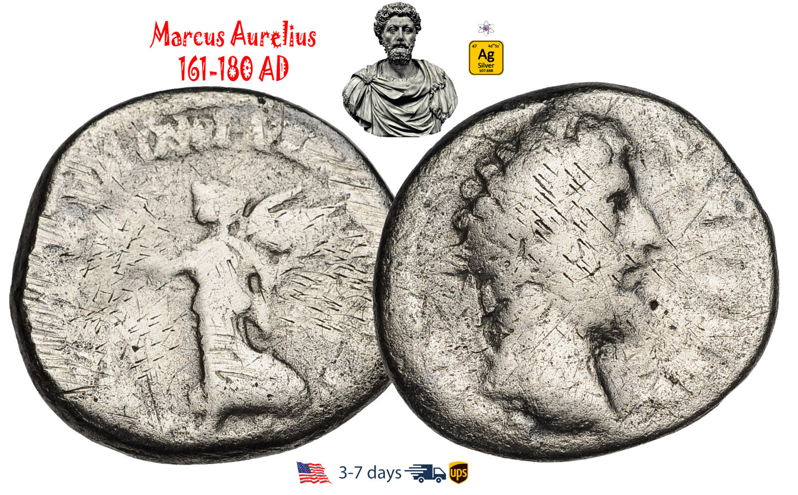 Ancient Roman Empire Coin Silver Denarius Marcus Aurelius 161 180 AD #31446