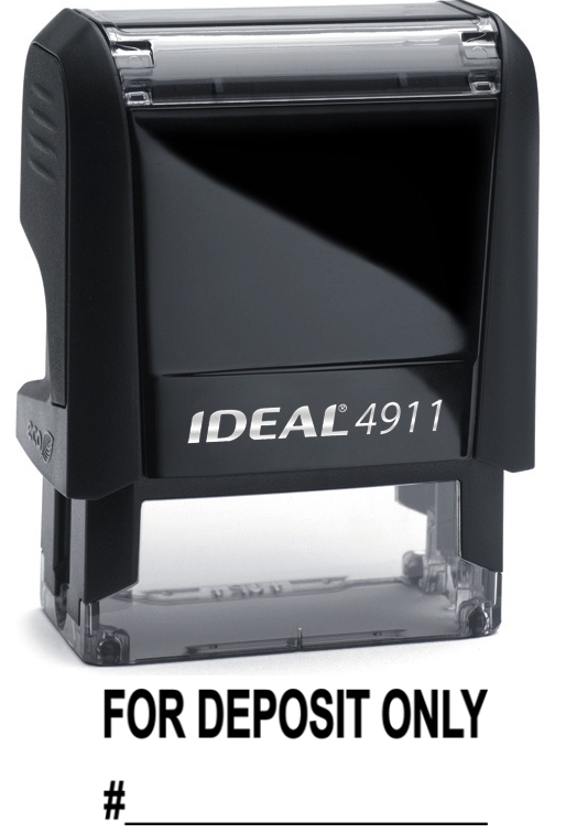 FOR DEPOSIT ONLY text with Account Line, IDEAL 4911 Self-inking Stamp, BLACK INK