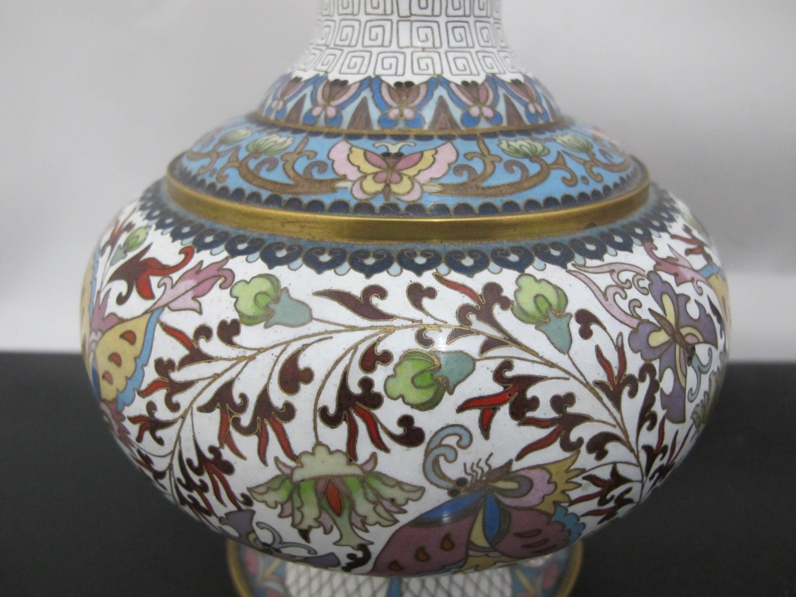 CHINESE White Enamel CLOISONNE Colorful Butterfly & Flower Vase Pair