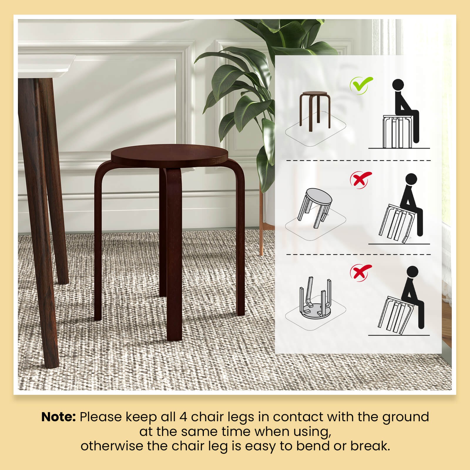 Set of 4 18" Stacking Stool Round Dining Chair Backless Wood Home Decor Brown