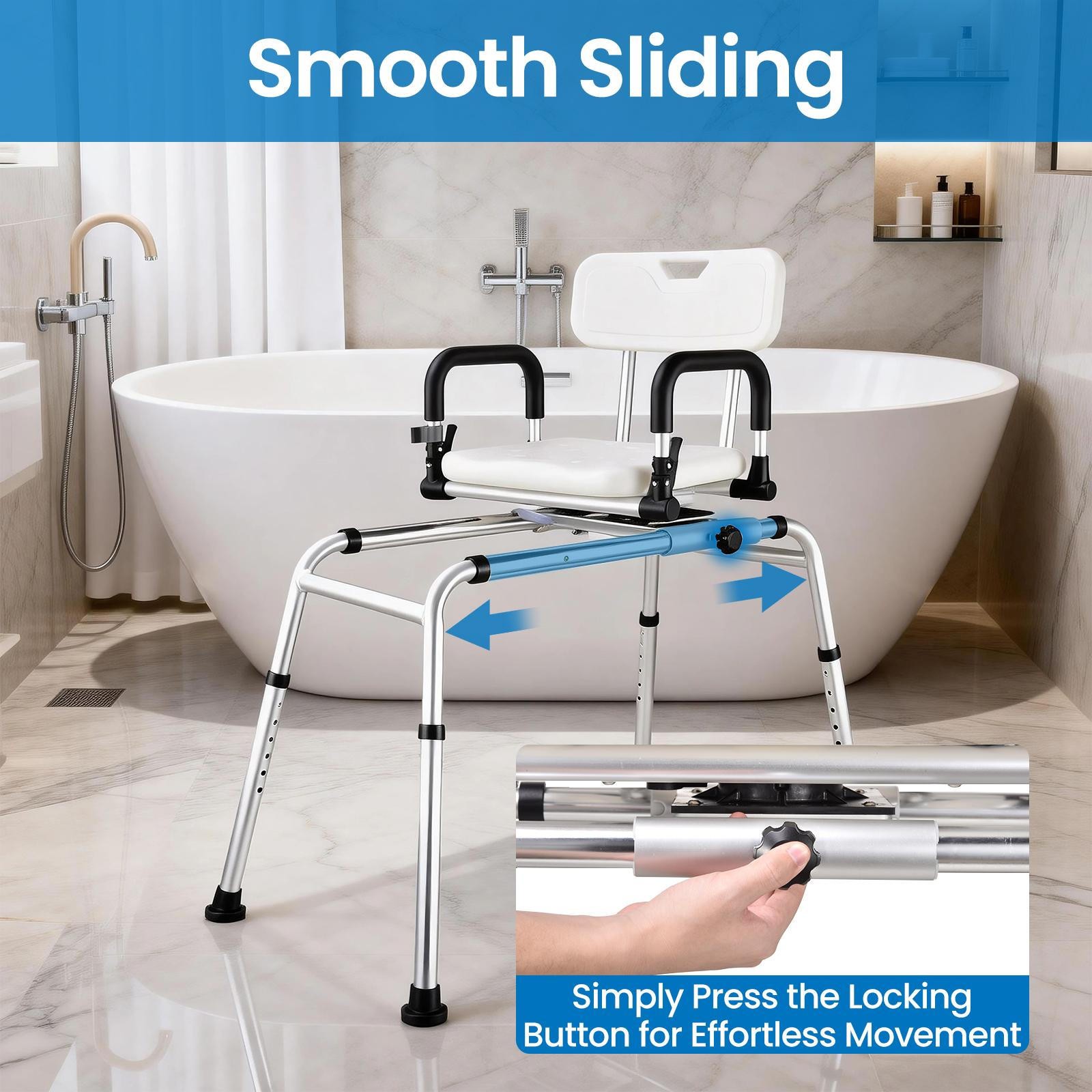 Sliding Tub Transfer Bench Shower Chair with 360° Swivel Seat
