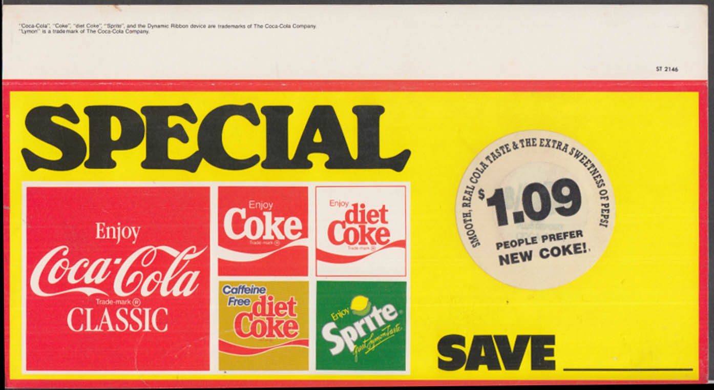 Coca-Cola Classic Diet Coke Sprite store sign $1.09 People Prefer New Coke 1980s