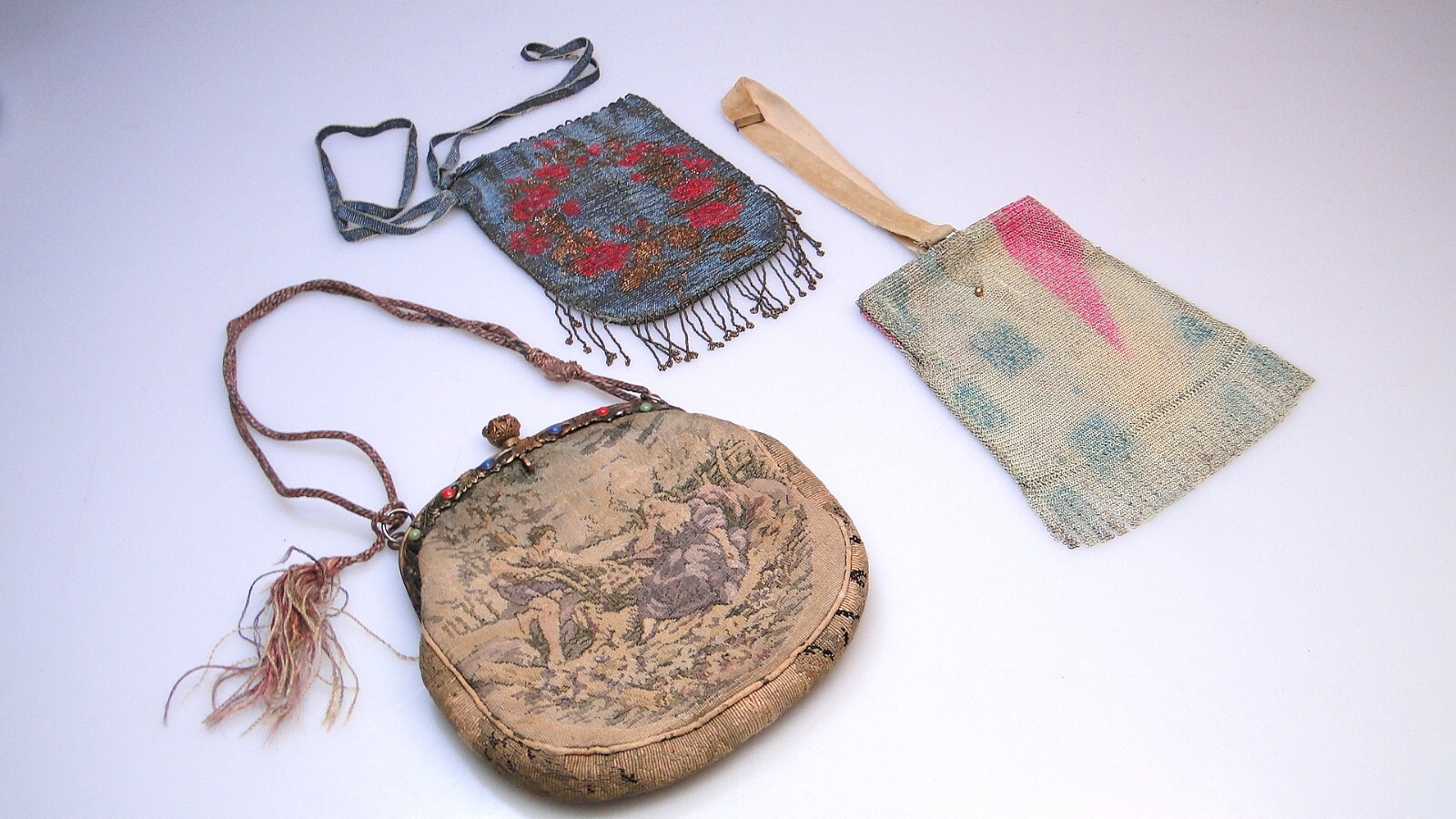 3 Antique Purses Mesh Beaded Tapestry w Jeweled Frame Purse Lot #2