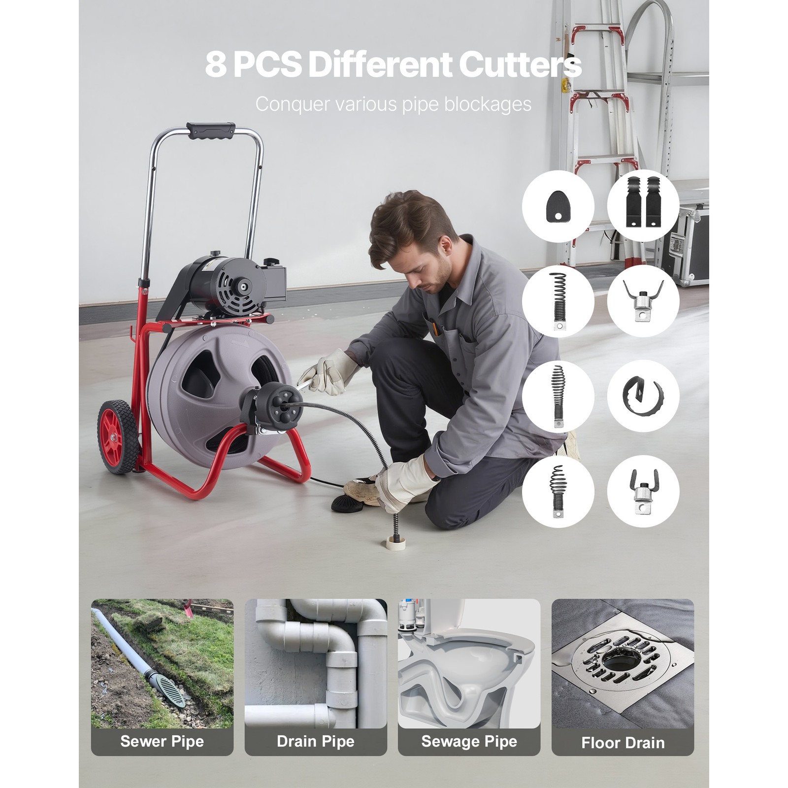 Uimoso Drain Cleaning Machine 100 FT x 3/8 In with Auto Feed,Wheels & 8 Cutters