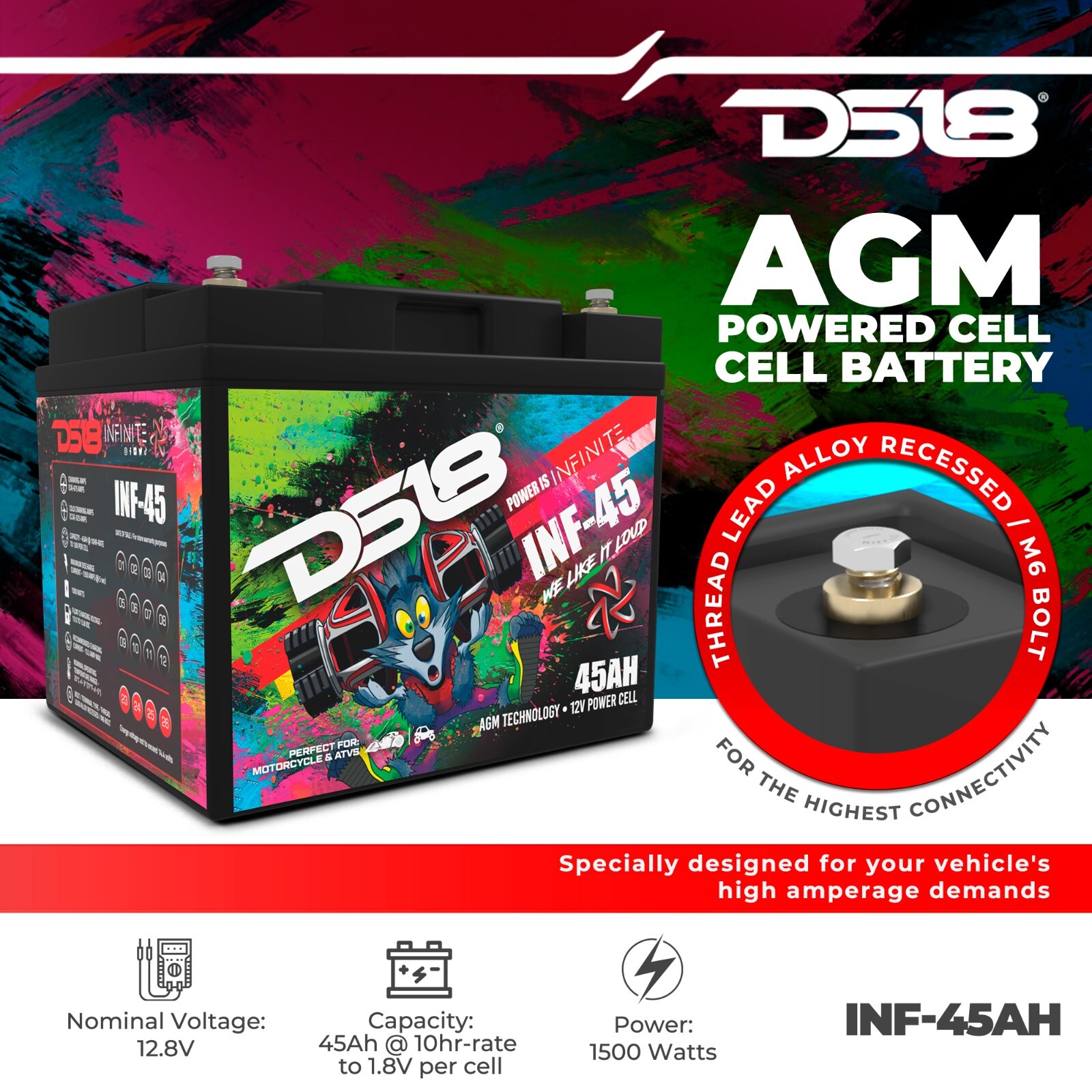 DS18 INF-45AH INFINITE 45 AH 1500 Watts AGM Power Cell 12 Volt Battery