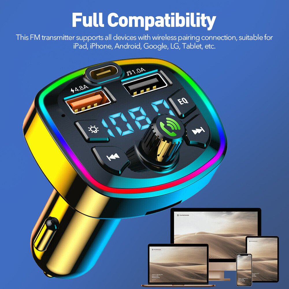 Bluetooth 5.0 Car Wireless FM Transmitter Adapter 2USB PD Charger AUX Hands-Free