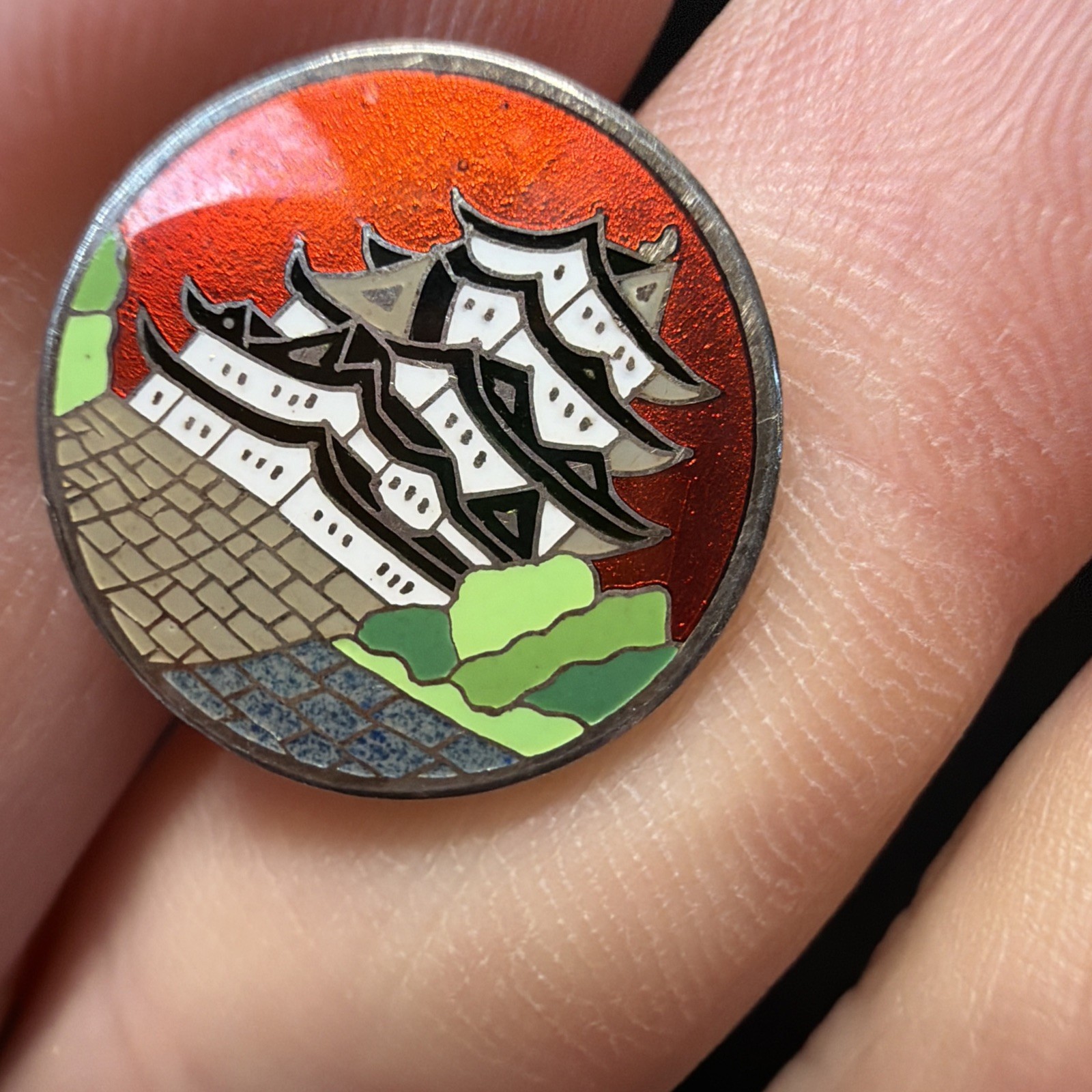 Vintage Japanese Cloisonne Enamel Sterling Silver Cufflinks Red House Palace