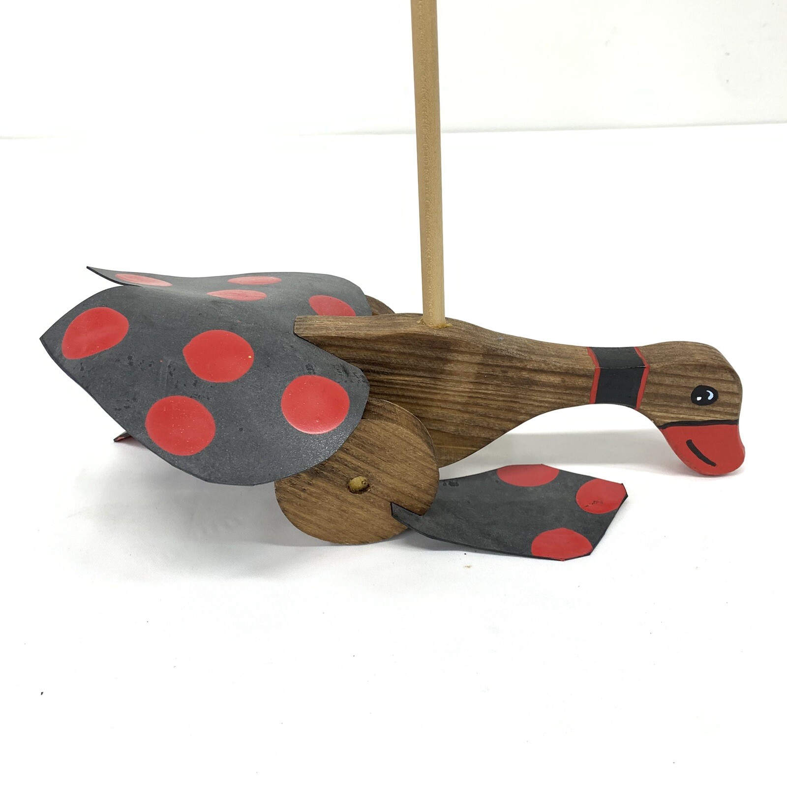 VTG WOOD PUSH WALKING DUCK RUBBER FLAPPY FEET ON STICK TOY 26” Hand painted Red