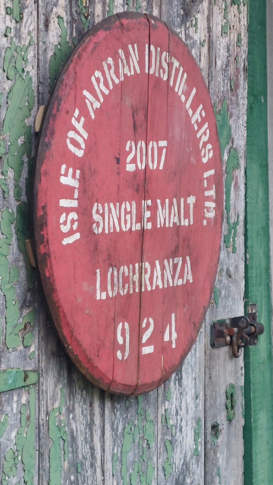 2007 Arran Lochranza Whisky Barrel Lid - W/Heavy Duty Hook and Hanger 22" wide