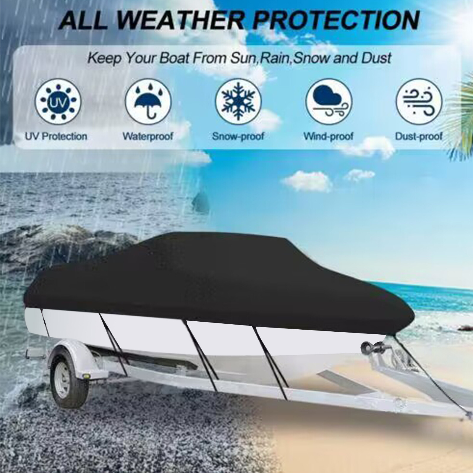Waterproof Heavy Duty Trailerable Boat Cover Fishing V-Hull Tri-Hull Runabout