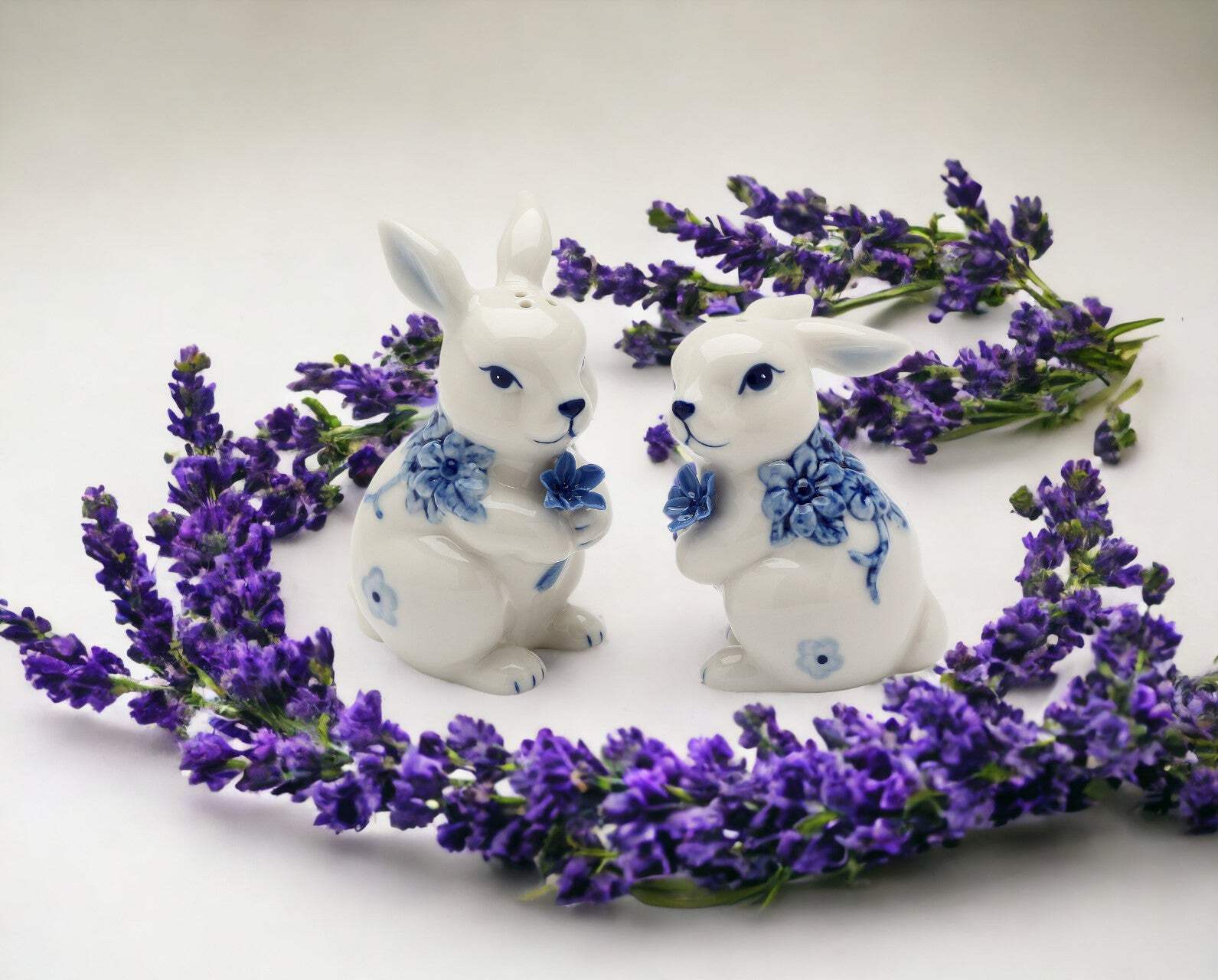 Ceramic Easter Bunny Rabbits with Blue Flowers Salt and Pepper Shakers, Gift for