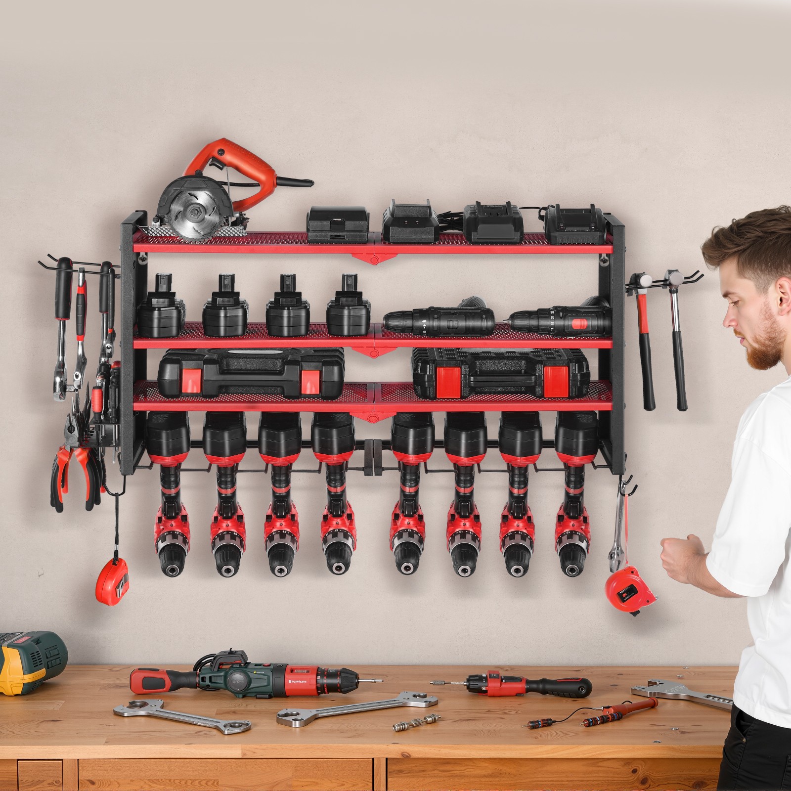 VEVOR Power Tool Organizer Wall Mount 4-Layer Drill Storage Rack 8 Drill Holders