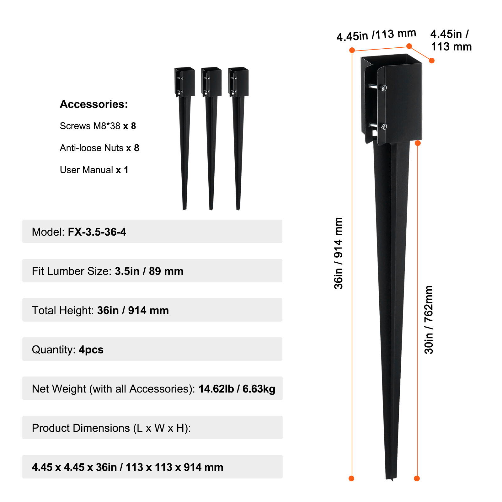 VEVOR Fence Post Anchor Ground Spike 4 Pack 36 x 4 x 4 In Metal Fence Stakes